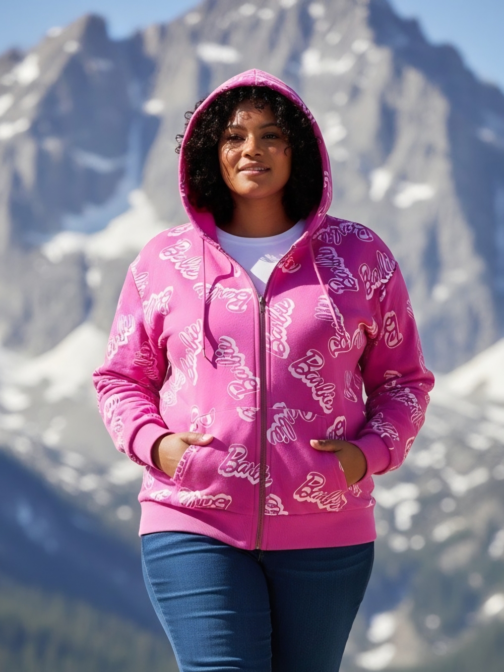 Barbie Womens 1X Hot Pink All-Over Logo Zip Hoodie NWT Fleece Lining Pockets
